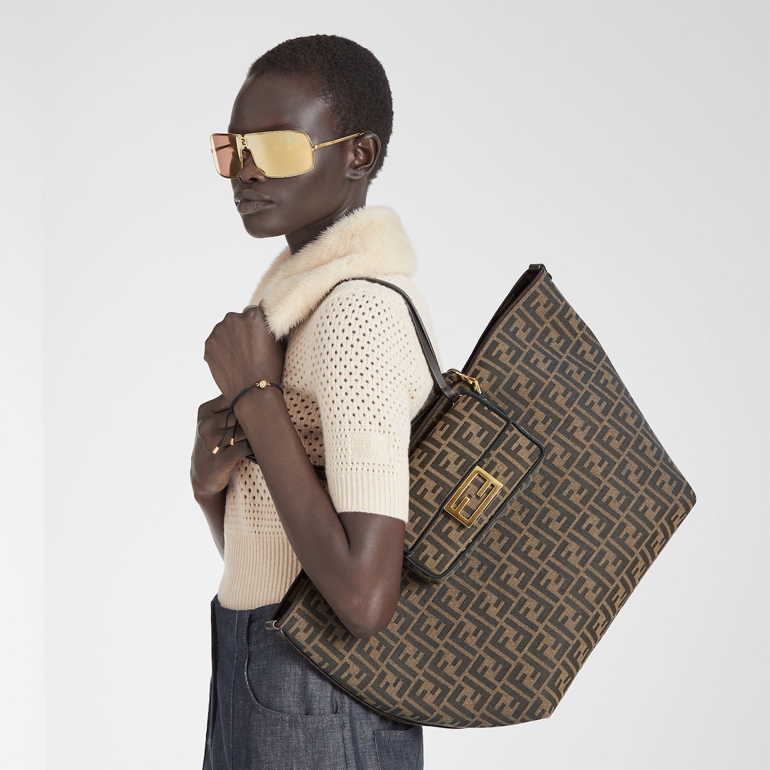 FENDI Roll Large Tobacco brown FF jacquard and striped Pequin fabric shopper - Image 4